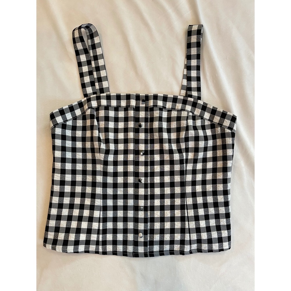 Gianni Bini Gingham Checkered Crop Top Black White Button Front Smocked Back 6